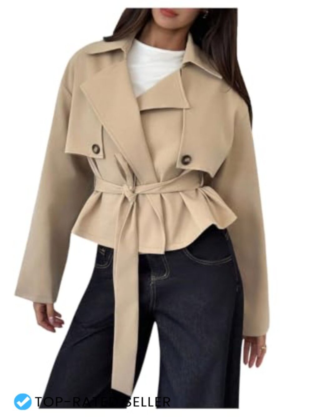 OYOANGLE Women's Cropped Trench Coat Double Breasted Lapel Collar Belted Short